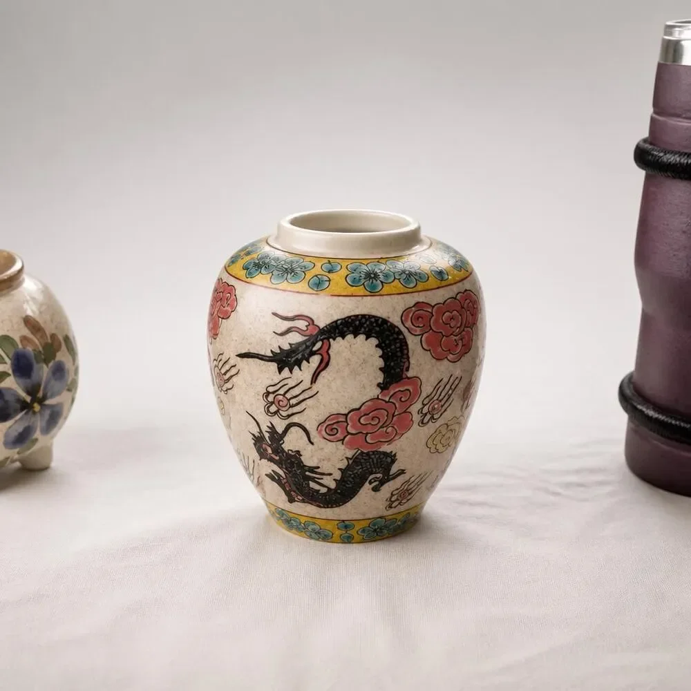 Vintage Ceramic Vase with Dragon Motif - Hand-Painted Floral Accents
